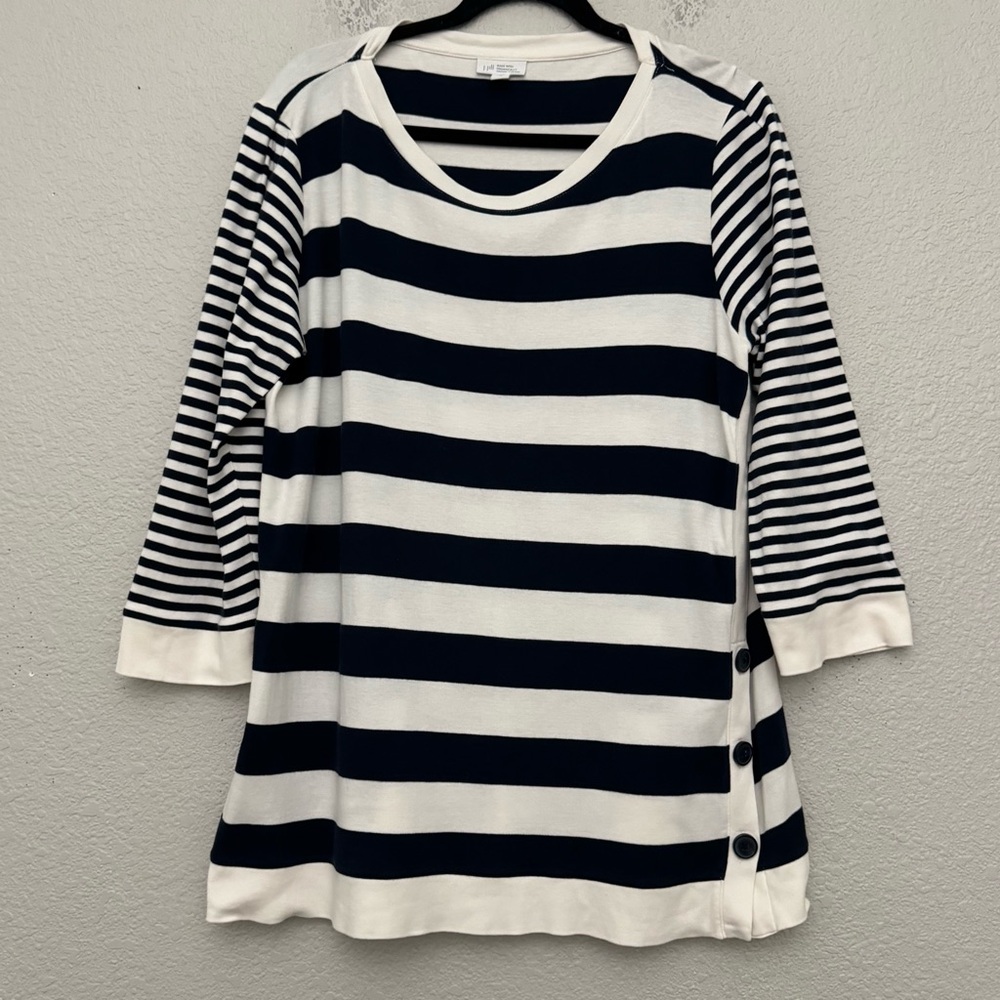 J. Jill Organic Cotton Nautical Striped Pullover Tunic Top Navy White Medium